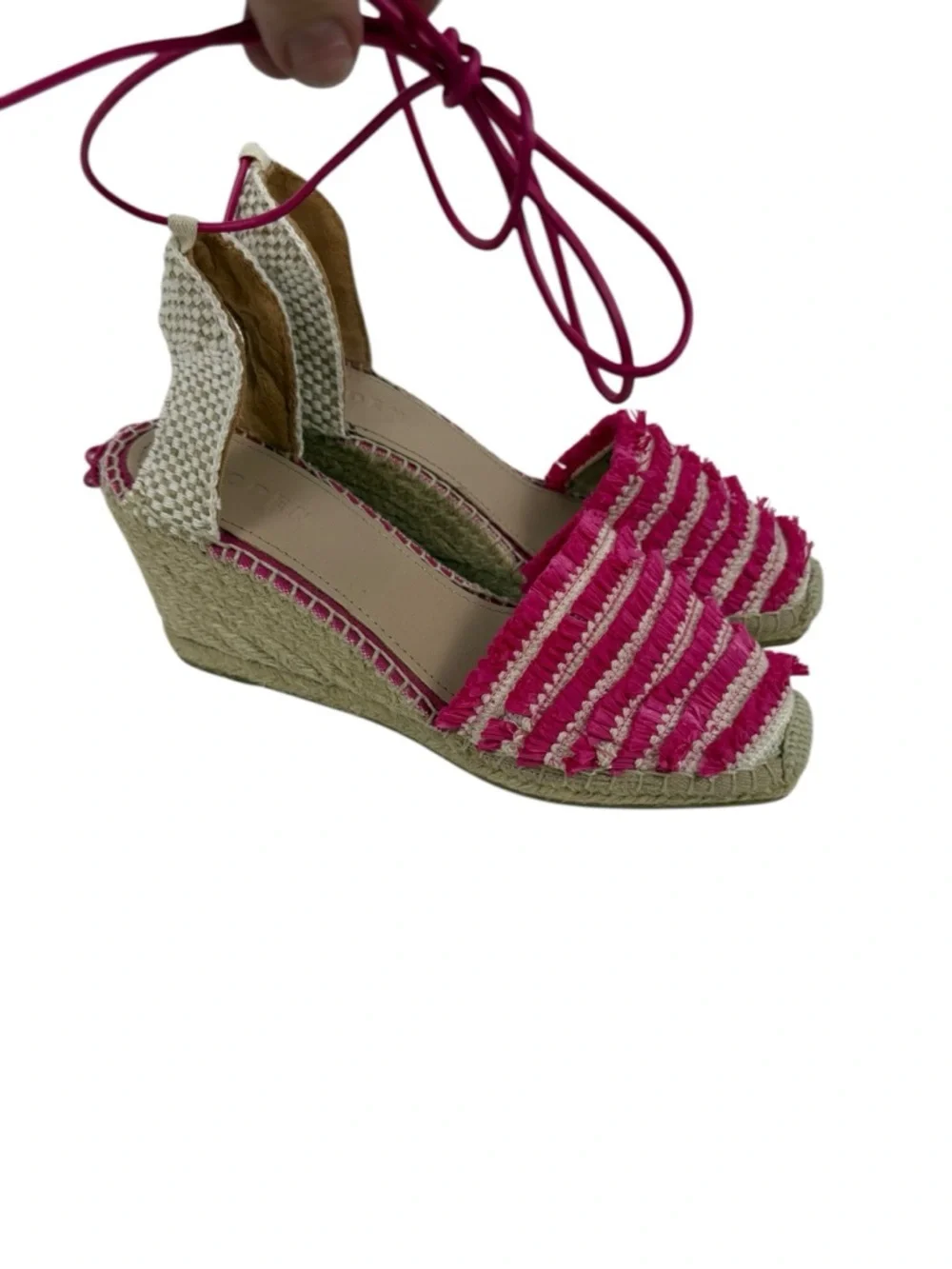 Boden Ankle Tie Pink Raffia Wedge Espadrille Sz 39